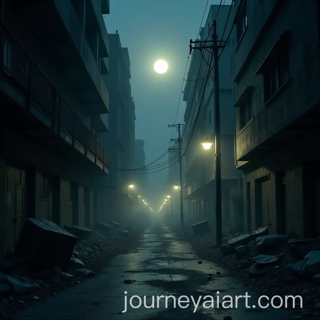 Abandoned-Urban-City-at-Night-with-Flickering-Street-Lights-and-Fog
