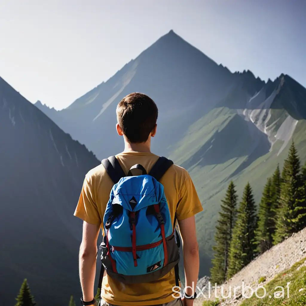 A young man with a backpack looking towards the peak of a mountain