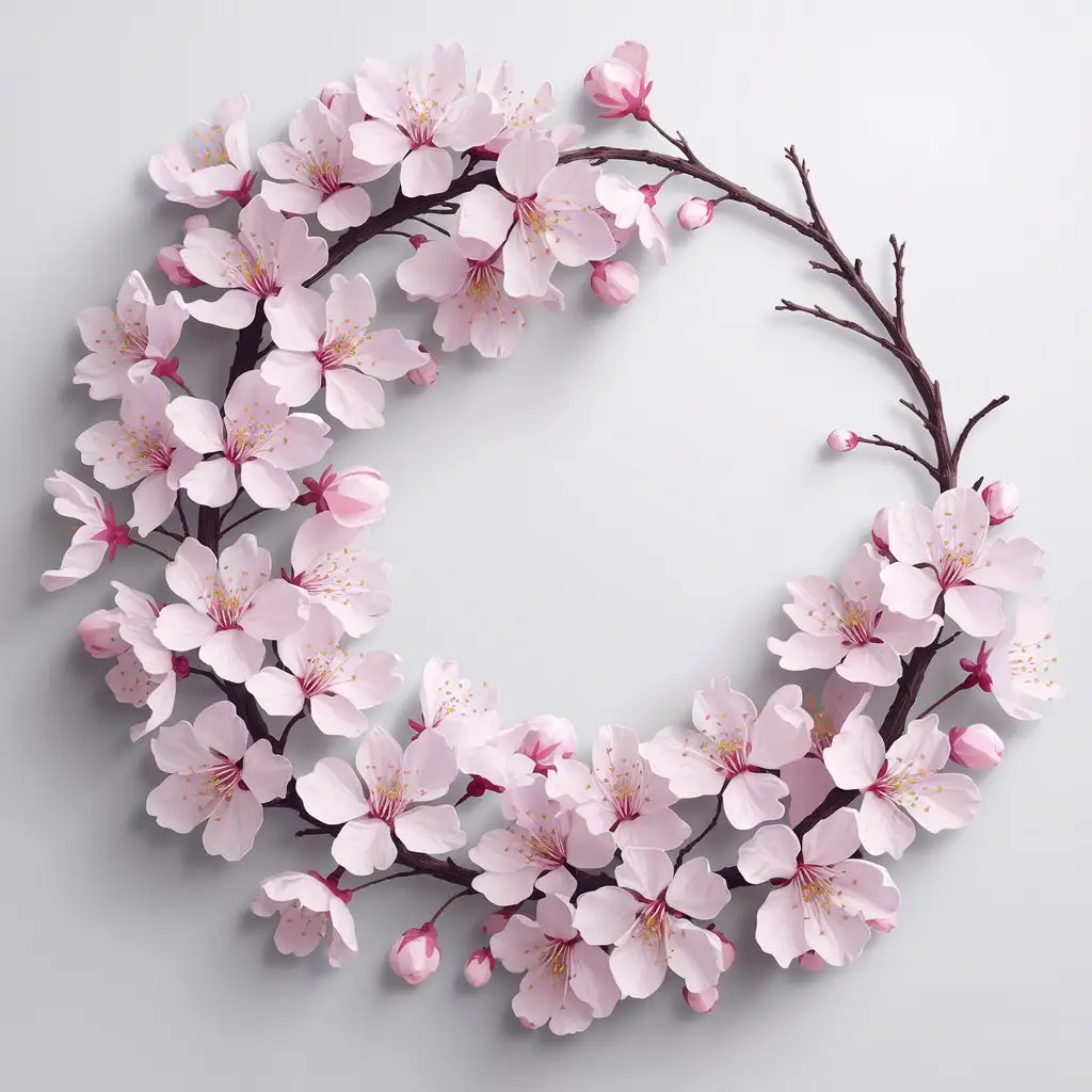 The image depicts a single sakura branch, with sparse cherry blossoms growing in an organic half circle shape with soft pink petals. The flowers are delicate and have fine details, including visible stamens with bright pink tips. The background is solid white, making the blossoms stand out and suitable for overlays in designs. The design is very realistic, photo like.