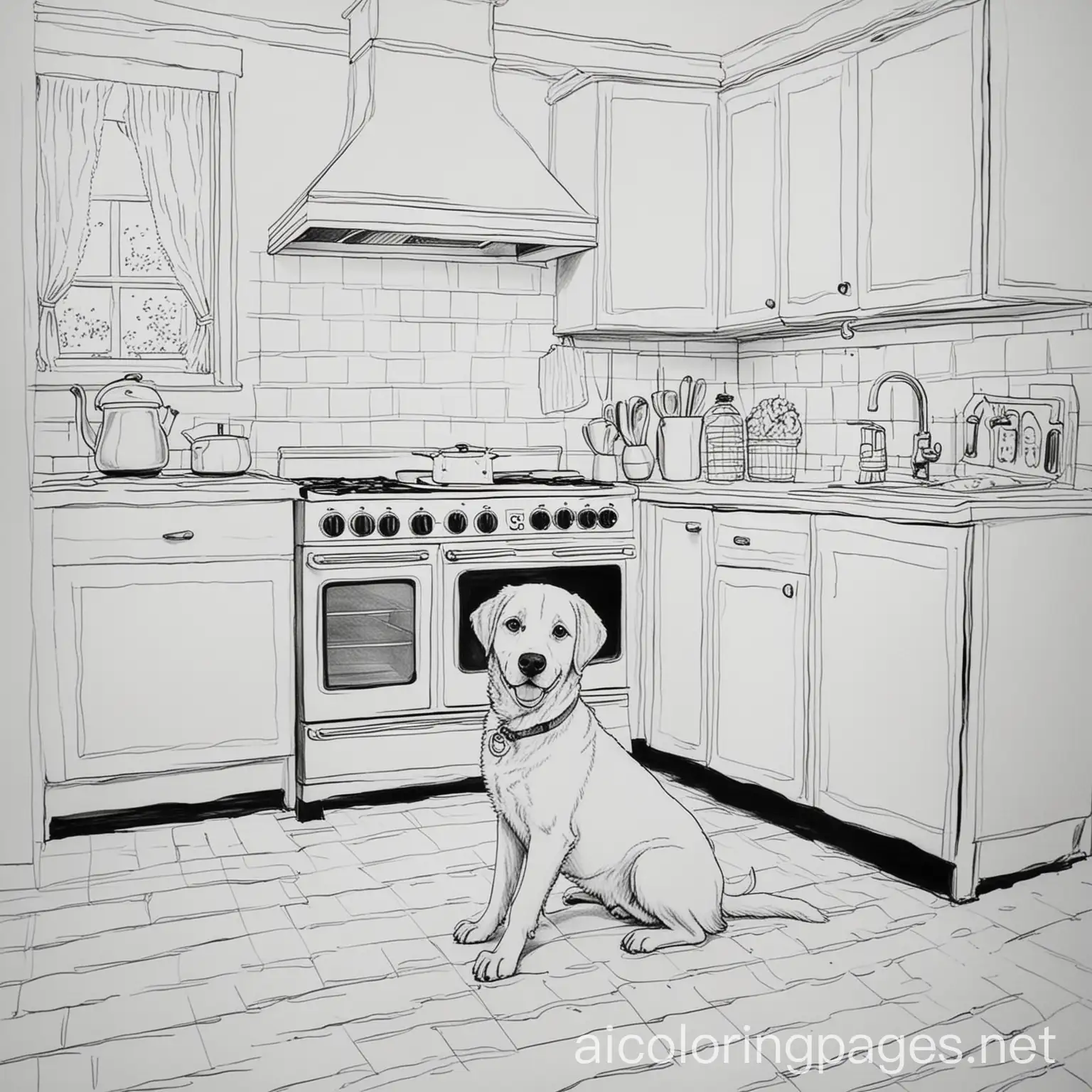 Kitchen-Scene-with-Stove-and-Happy-Dog-Coloring-Page