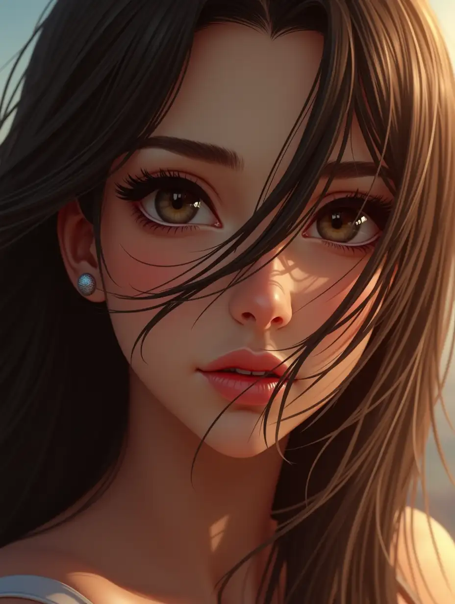 digital, 3D, style animé foot2rue, static view of a woman's face with a deep gaze, long brown hair blowing in the wind covering her nose and mouth, revealing her gaze