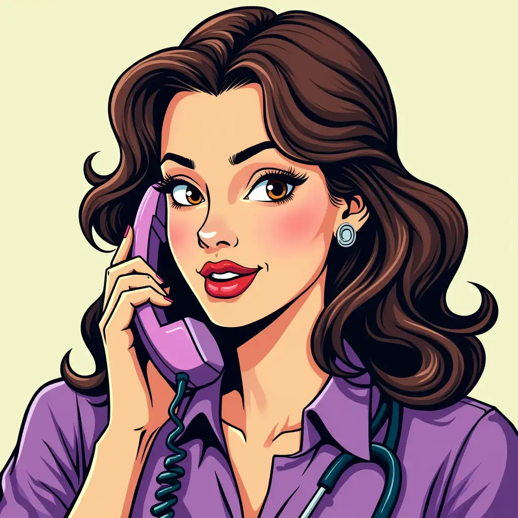 A brunette girl doctor in pop art style talks on the phone in a purple blouse