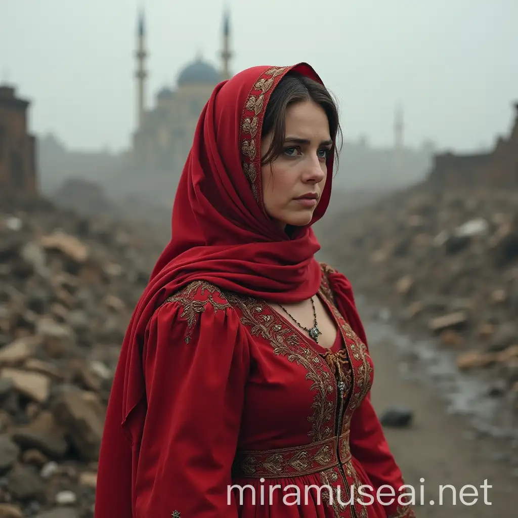 Turkish Woman in Red Wedding Dress Amid War Destruction