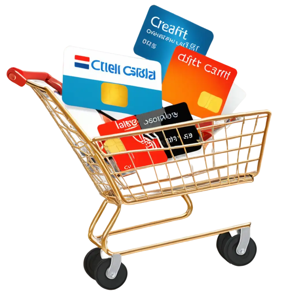 HighQuality-PNG-Image-of-a-Shopping-Cart-Carrying-a-Credit-Card-and-Multiple-Cards-for-ECommerce-and-Finance-Use