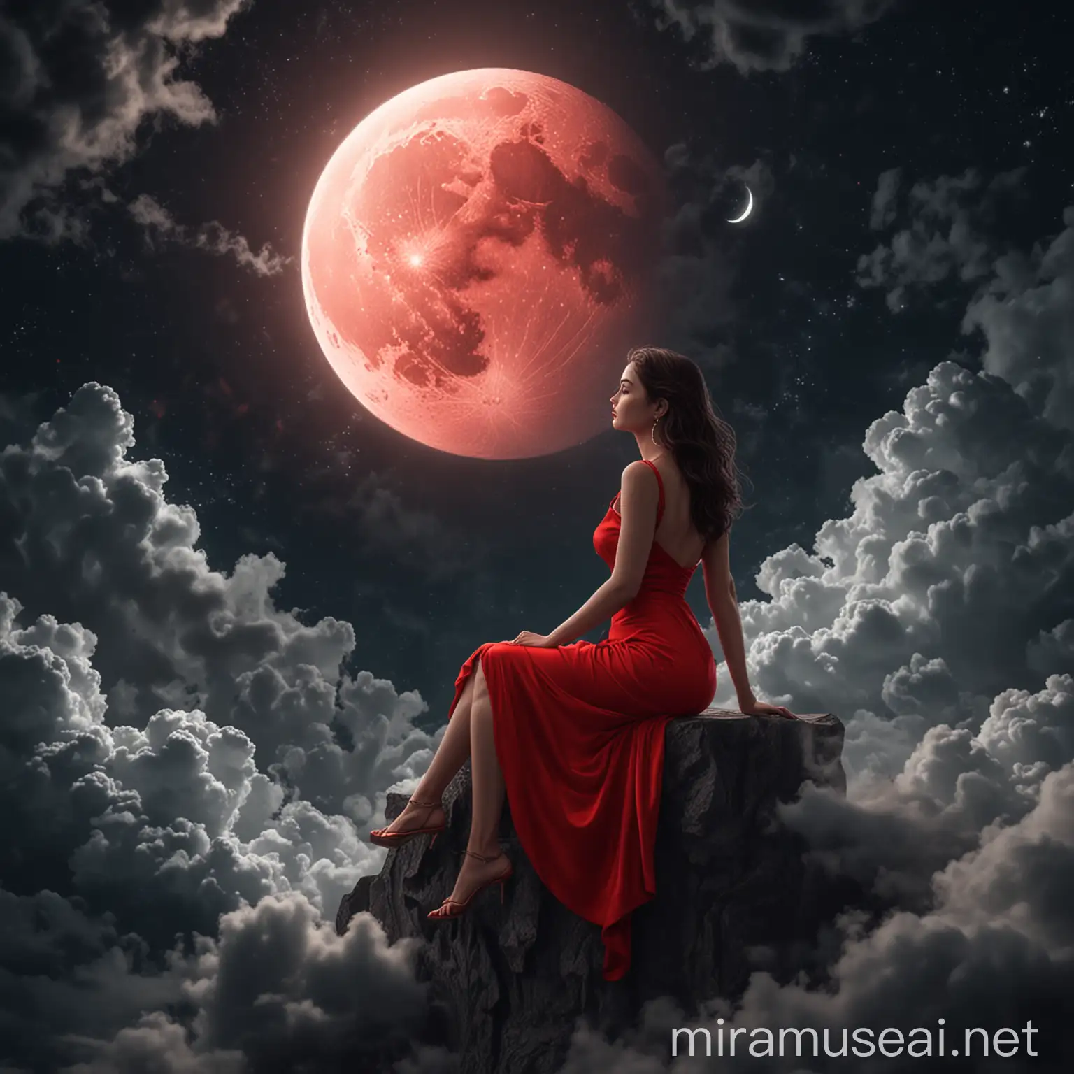 Beautiful Woman in Red Dress Sitting on Half Moon with Dramatic Midnight Clouds