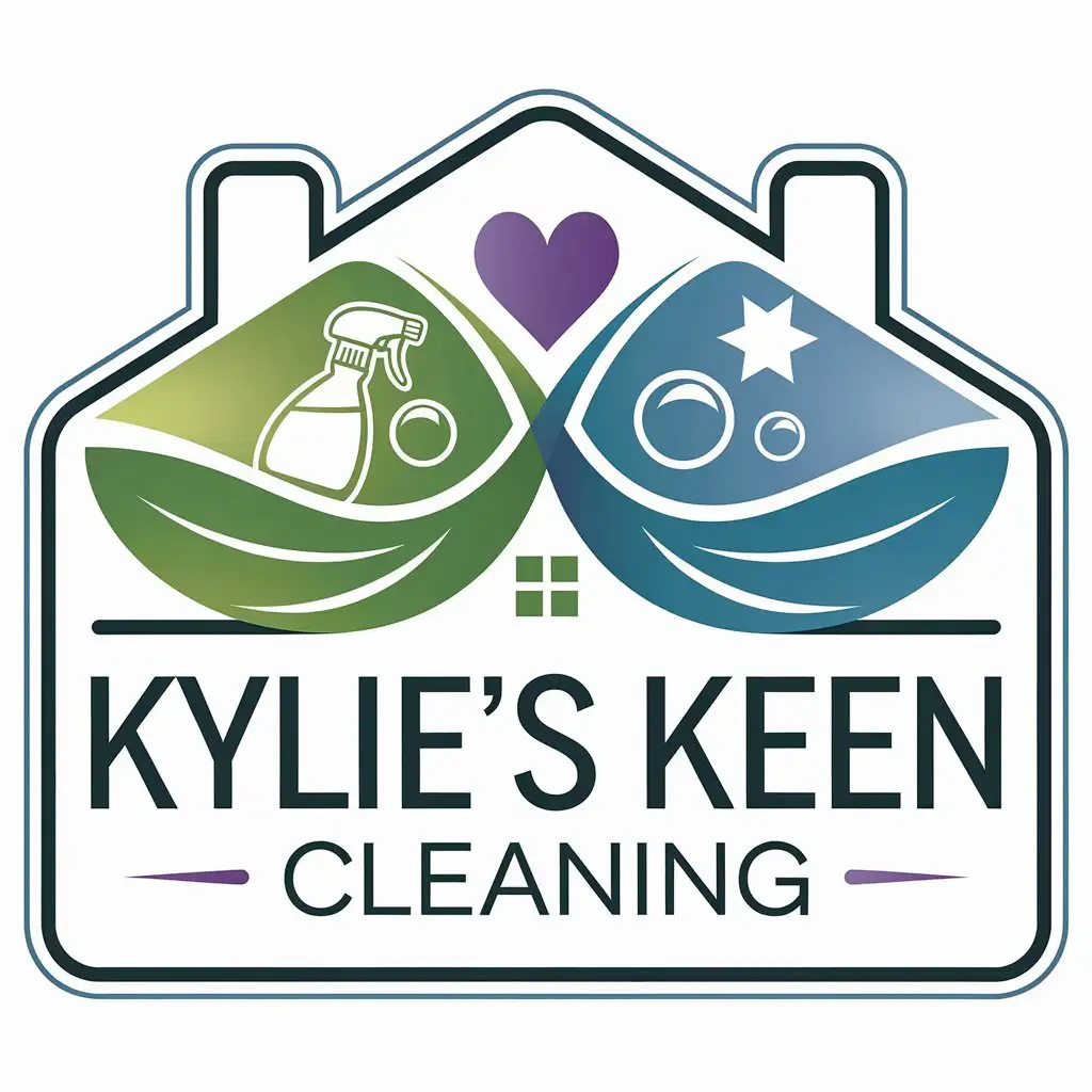 LOGO Design for Kylies Keen Cleaning Ecofriendly Green Blue and Purple with Spray Bottle and Bubbles Theme