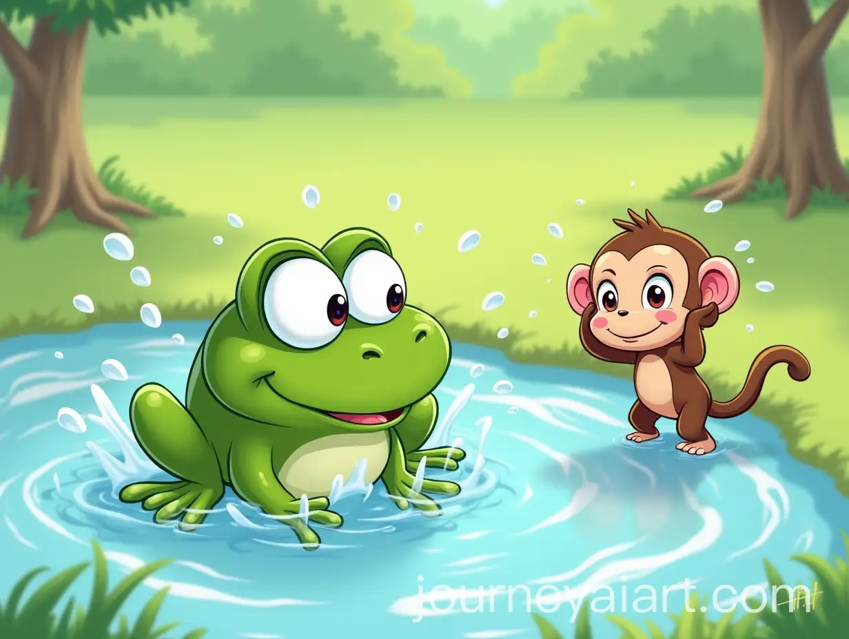 Freddie-Frog-Splashing-into-Pond-with-Milo-the-Monkey-Watching