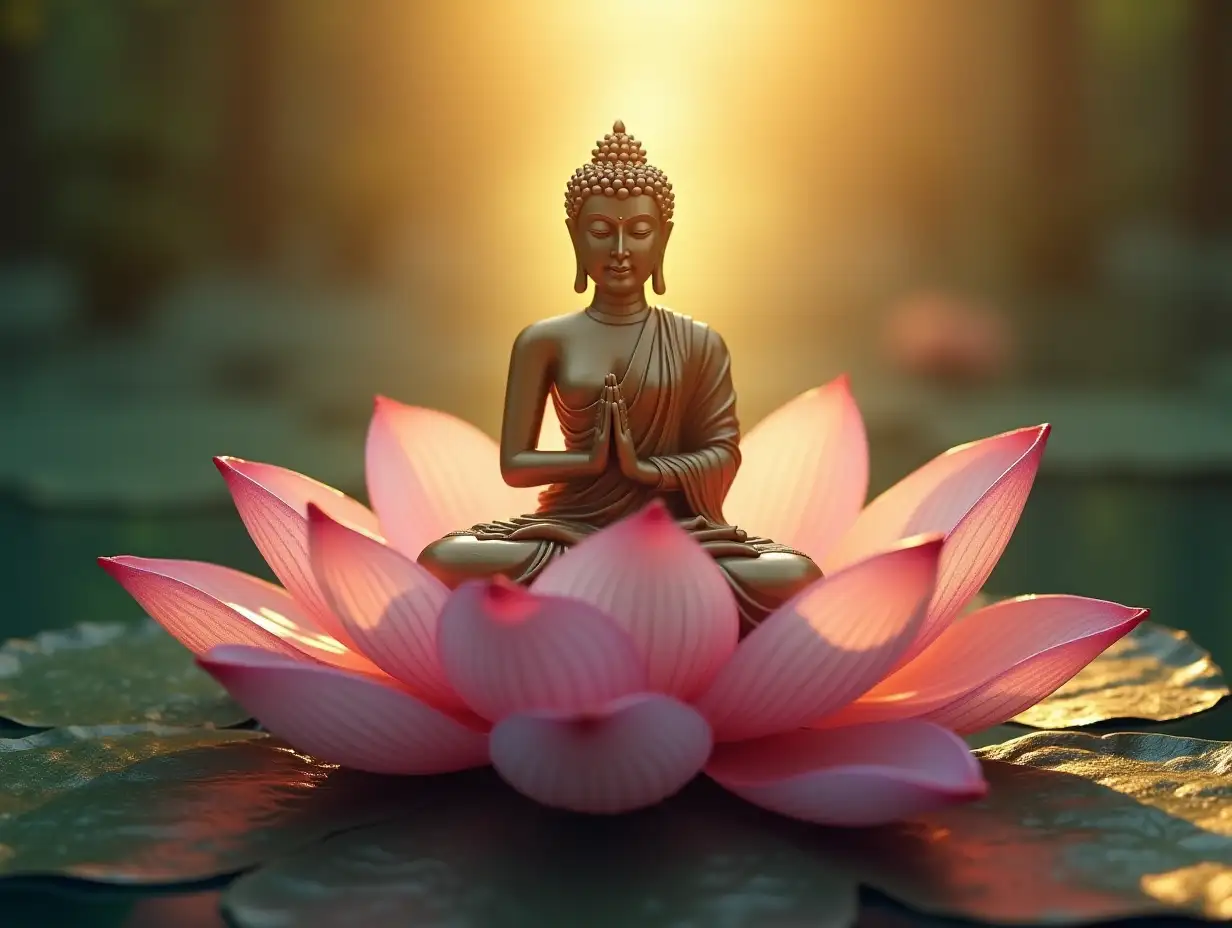 Lotus flower with Buddha sitting on it, hands joined together.nSunlight shining on his back