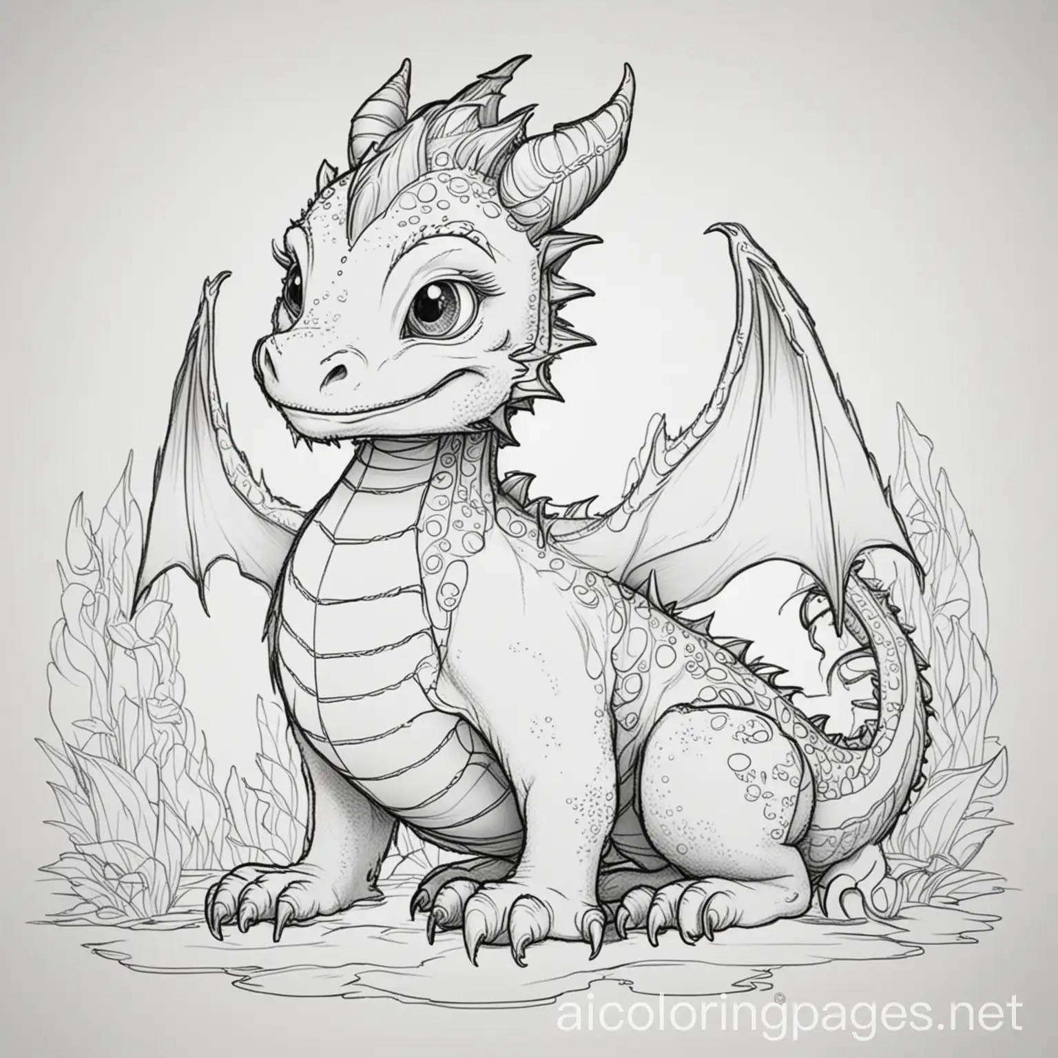 dragon, Coloring Page, black and white, line art, white background, Simplicity, Ample White Space. The background of the coloring page is plain white to make it easy for young children to color within the lines. The outlines of all the subjects are easy to distinguish, making it simple for kids to color without too much difficulty