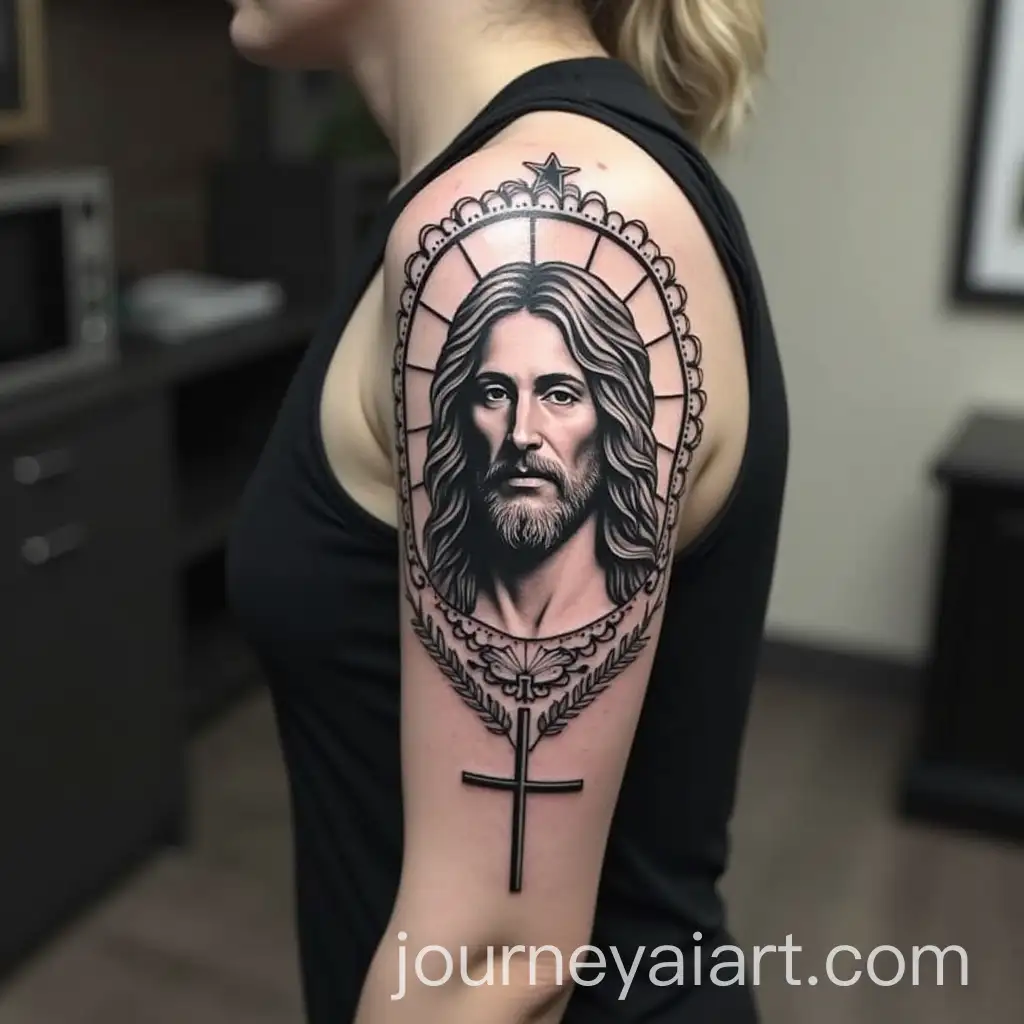 Black-and-White-Ministry-of-Jesus-Christ-Tattoo-on-Shoulder-Arm-and-Forearm