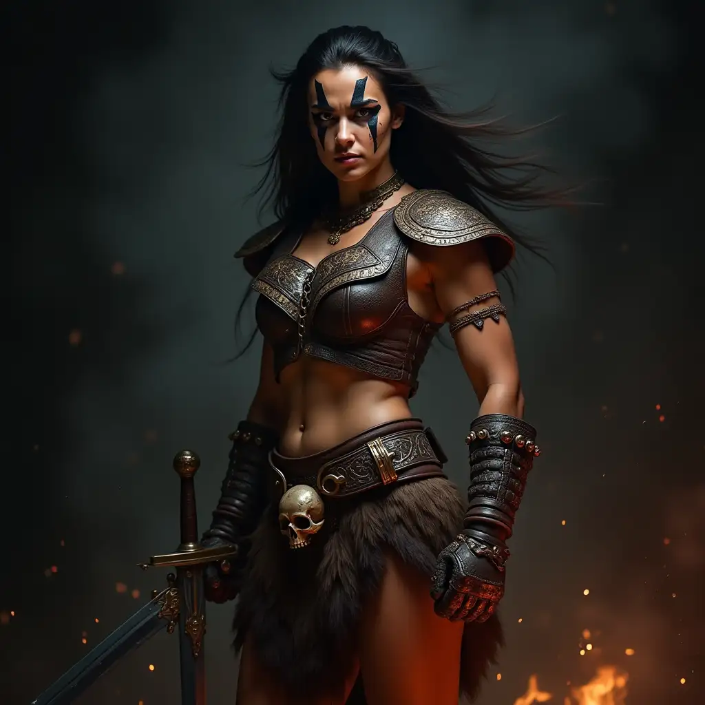 a fierce, female warrior standing confidently with a sword in hand, ready for battle. She is adorned in intricate, tribal-inspired armor that includes a leather and metal breastplate, along with matching gauntlets and a belt featuring a prominent skull buckle. Her attire is complemented by a fur skirt, adding a rugged, barbarian aesthetic. The warrior's face is painted with bold, black markings that accentuate her fierce expression, and her long, dark hair flows freely. The background is dimly lit, with hints of fire and smoke, enhancing the dramatic and intense atmosphere of the scene. The overall composition exudes strength, courage, and a readiness for combat, capturing the essence of a formidable and determined warrior.