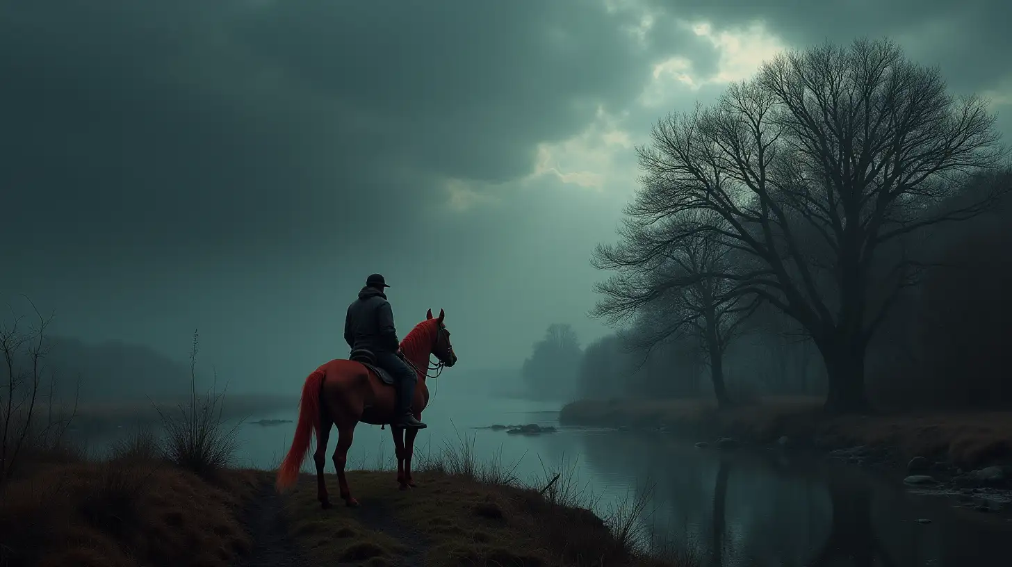 Dramatic Horse Rider Under Dark Clouds by a River