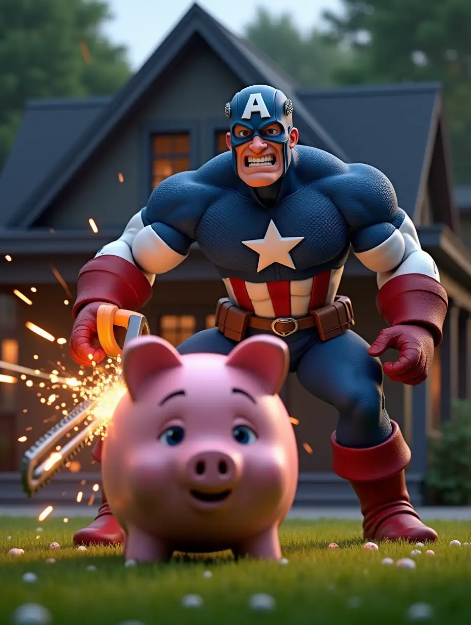 A highly detailed 3D-rendered image in 4K resolution of a muscular superhero in a blue and red suit with a white star on his chest, resembling a patriotic warrior. He wears a blue helmet with an 'A' symbol, red gloves, and a brown utility belt. The superhero has an intense and aggressive facial expression, showing his teeth as he furiously wields a large, orange chainsaw with a metallic blade. Sparks fly dramatically as the chainsaw cuts into a large pink piggy bank with a cheerful expression. The setting is a suburban backyard with lush green grass, a modern dark-colored house with glowing windows in the background. The scene has cinematic lighting, realistic textures, and a dynamic action pose to enhance the dramatic atmosphere