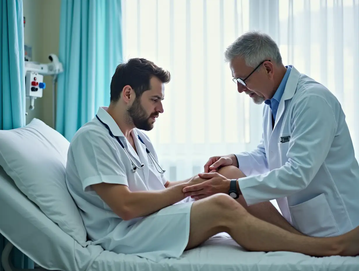 Doctor-Examining-the-Knee-of-a-Patient-in-Hospital-Bed-Side-View