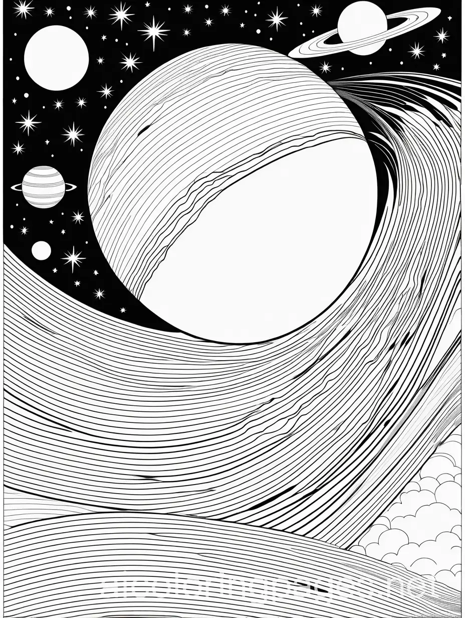 A vast, swirling cosmos with stars, planets, and a bright sun. Earth in its pristine form, teeming with life. black and white, line art, white background, Simplicity, Ample White Space. The background of the coloring page is plain white to make it easy for young children to color within the lines. The outlines of all the subjects are easy to distinguish, making it simple for kids to color without too much difficulty, Coloring Page, black and white, line art, white background, Simplicity, Ample White Space. The background of the coloring page is plain white to make it easy for young children to color within the lines. The outlines of all the subjects are easy to distinguish, making it simple for kids to color without too much difficulty