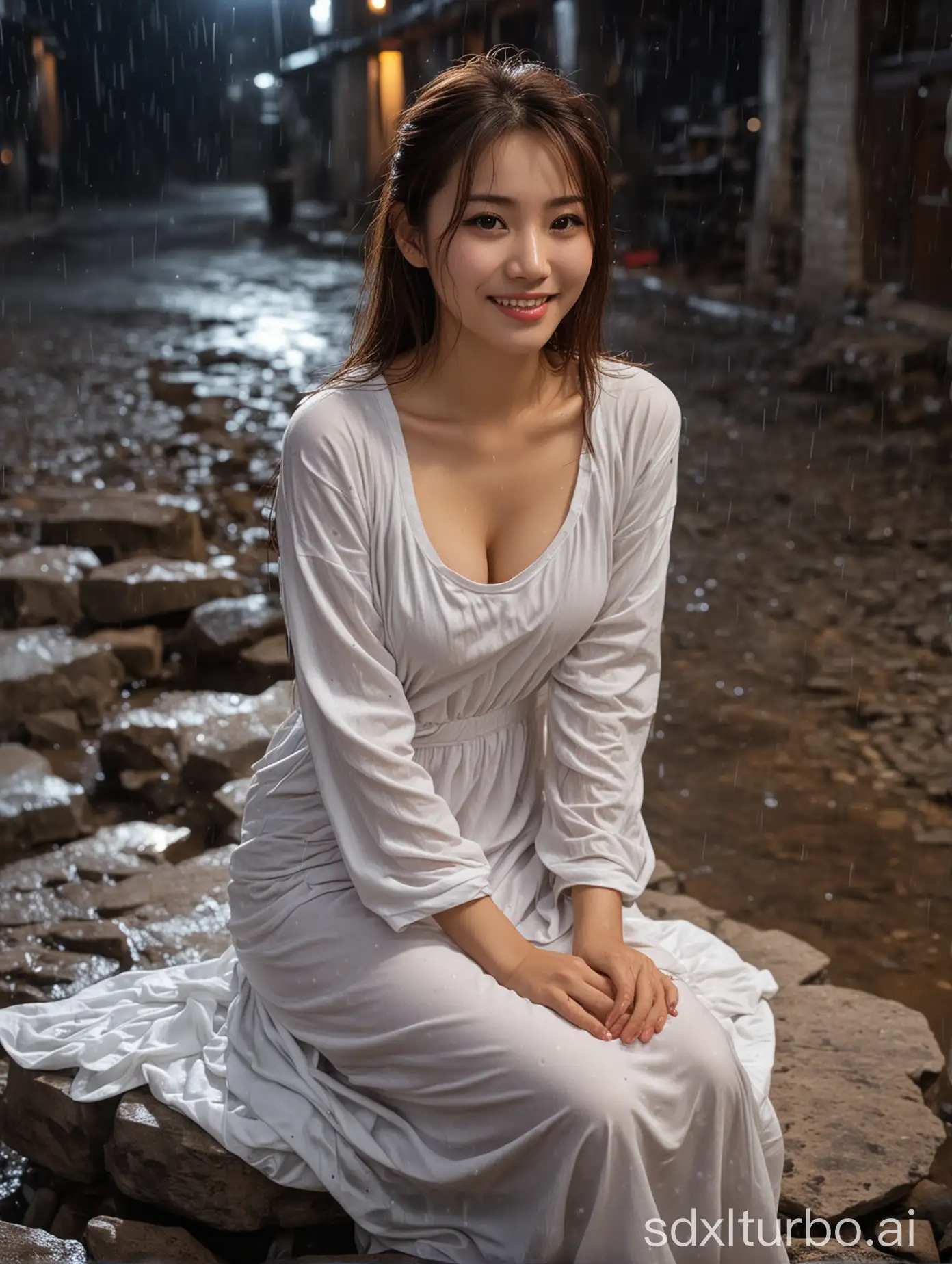 Chinese-Woman-Sitting-on-Stone-in-Village-on-Rainy-Winter-Night