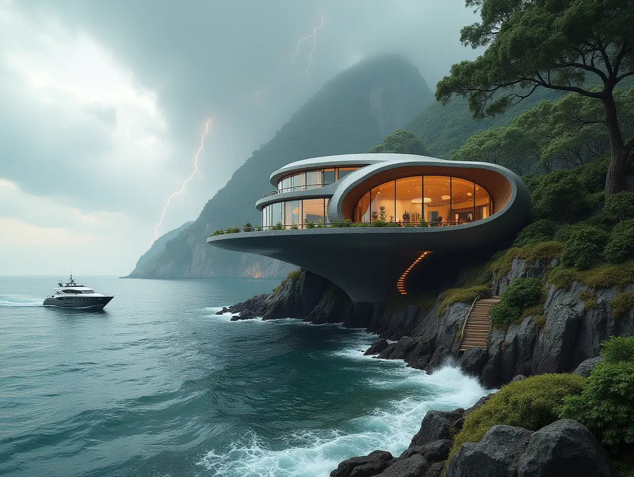 Create a high-resolution, realistic panorama image of a futuristic terrace building with steps to the sea window snail house with many plants and gray and brown facades a yacht on the sea waves, large trees, gray sky with lightning and storm