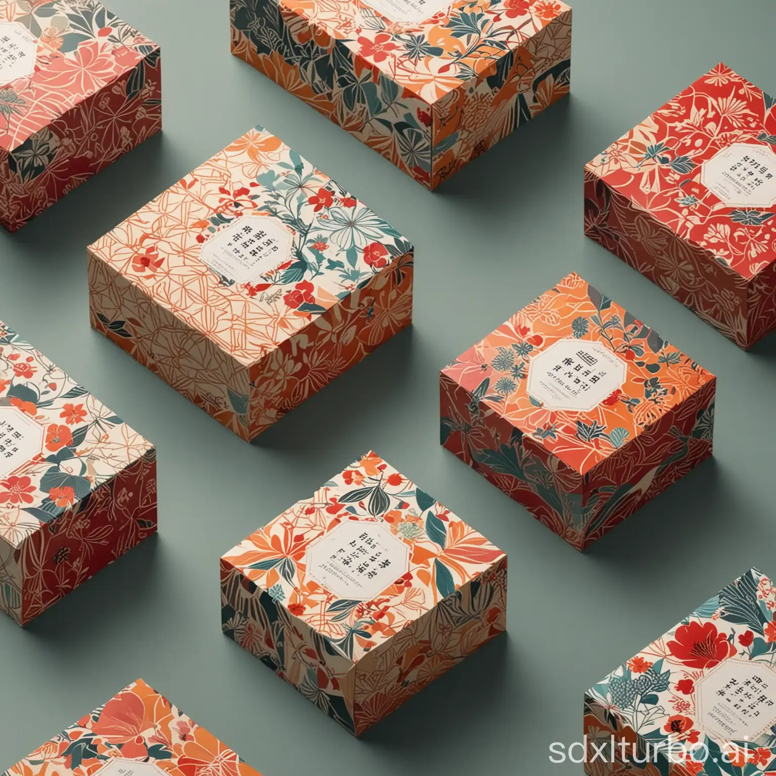 packaging design，Abstract geometric patterns for food packaging, featuring floral and botanical motifs, using traditional Chinese colors, with distinct layering and fabric-like textures, creating a strong visual impact