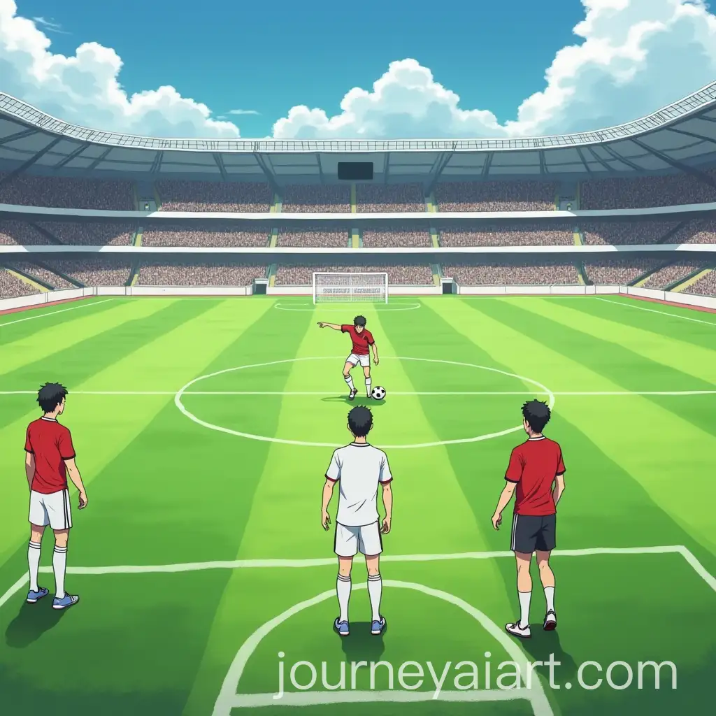 Football-Player-in-White-Shirt-Shooting-Ball-at-New-Camp-Stadium-with-Opponents-in-Red-Shirts