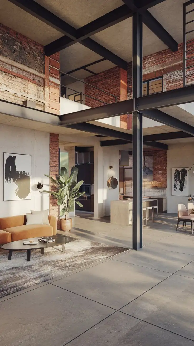 A modern industrial chic house, exposed brick walls, steel beams, concrete floors, minimalist furniture, open floor plan, warehouse conversion style, loft-like, daytime, photorealistic, interior design photography