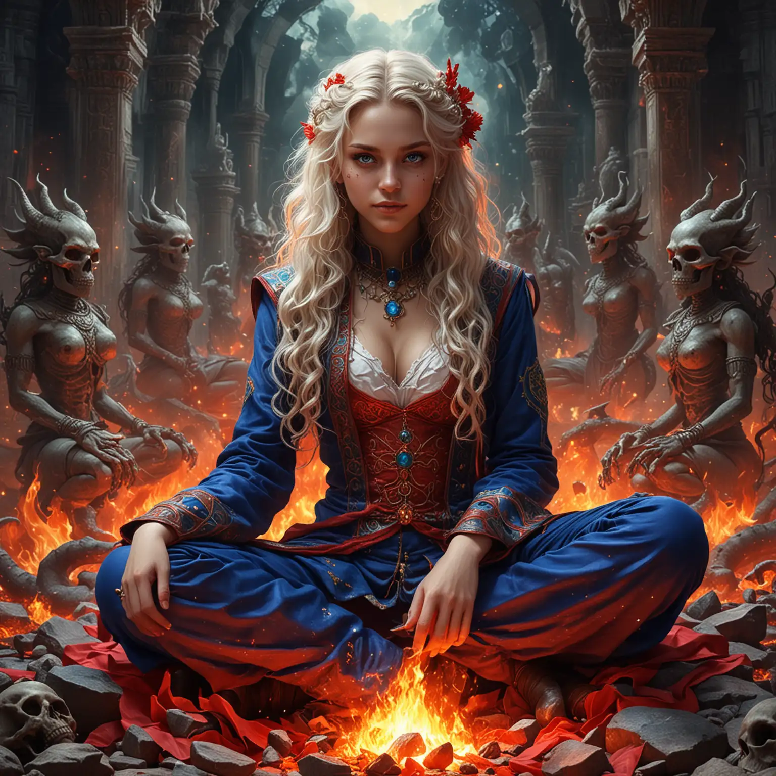 Enchanting Goddesses in Blue Suits Surrounded by Fire and Dragons