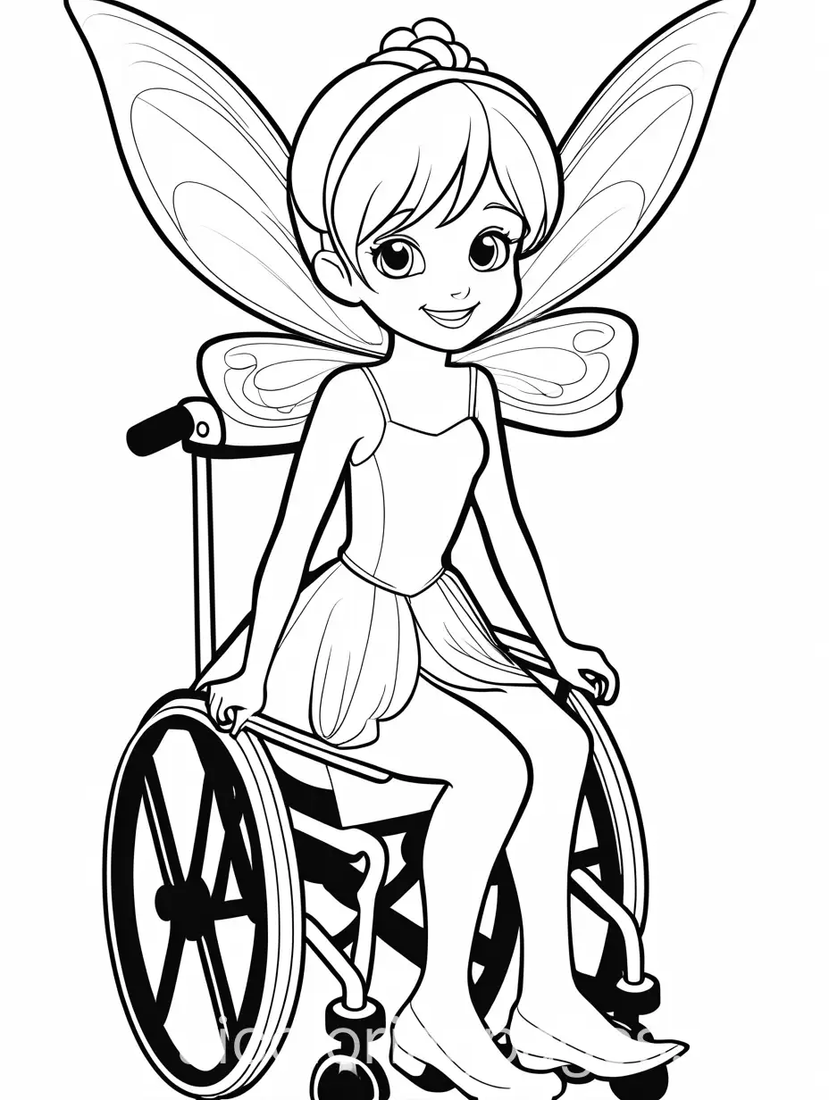 small girl on wheelchair full view dressing up as tinkerbell smiling, Coloring Page, black and white, line art, white background, Simplicity, Ample White Space