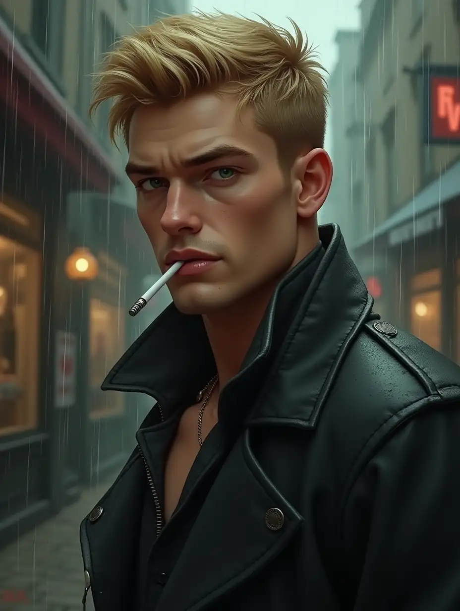 20 YEARS OLD, YOUNG MAN, NO FOREHEAD LINES, extremely handsome, and manly, short blond hair, sharp green eyes, Mafia, Not identical but he looks like tom hardy, Strong physique, buff and thick but not fat, semi realistic style, the background is street raining and he is smoking a cigarette