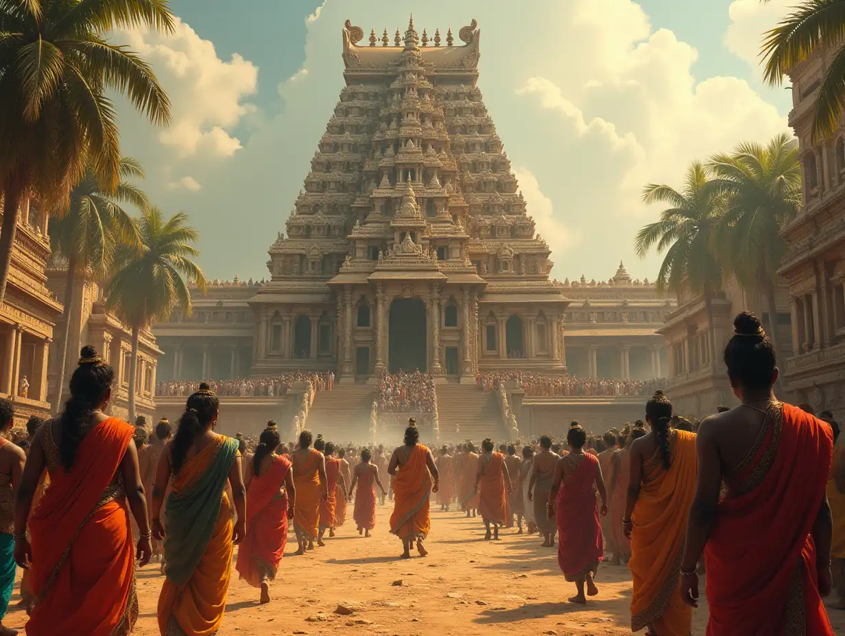 Create a detailed realistic cinematic Tamil king Raja Raja Chola and people's watching the building of a great Thanjai Periya Kovil