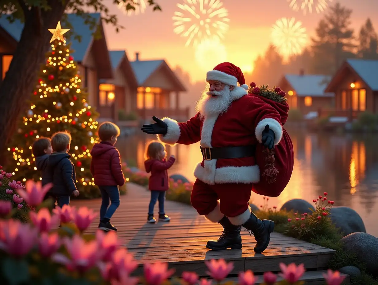 a cheerful and joyful Santa Claus with a bag of gifts is dancing on a wooden terrace and the boys, girls and children around him are looking at him and rejoicing, there is a Christmas tree decorated on the terrace and the terrace is located on the shore, and beyond the shore there is a large pond with pink lilies, and on the other side of the pond with large pink lilies there is 3 single-storey chalet houses with panoramic windows in all walls from floor to roof, that is, each wall is a panoramic window, the chalet houses and trees and everything around are decorated with bright garlands of lights, sunset and lots of sunset sunlight, There are 5 flashes of large fireworks in the sky, the foreground is in focus and the background is blurred.