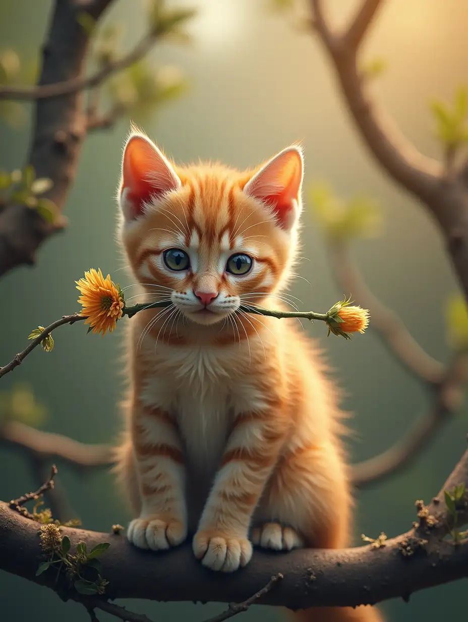 A cat sitting on a branch with a flower in its mouth