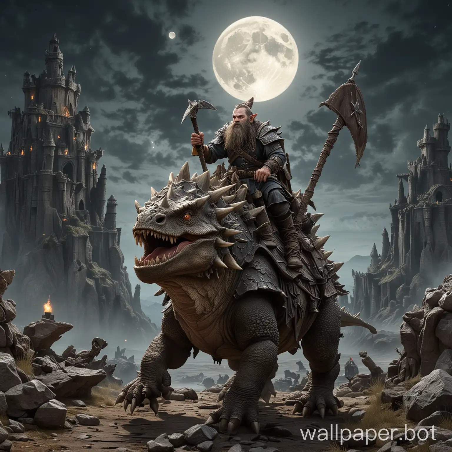 photorealistic image of a stern dwarf warrior wielding a morningstar while riding on an ankylosaur. In the background the full moon is rising behind a ruined fortress.