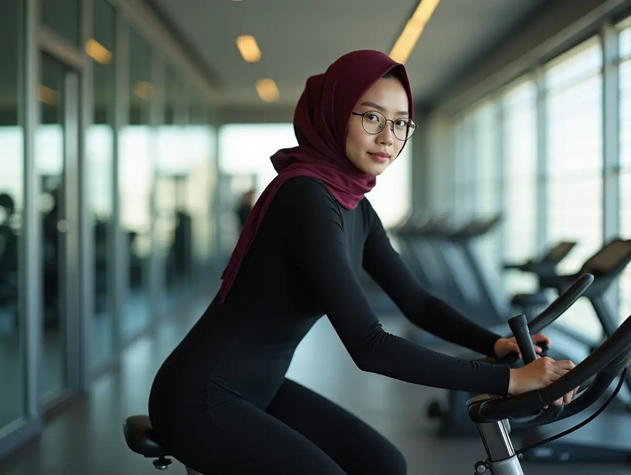 Serene-Focused-Asian-Woman-on-Stationary-Bike-in-Modern-Gym