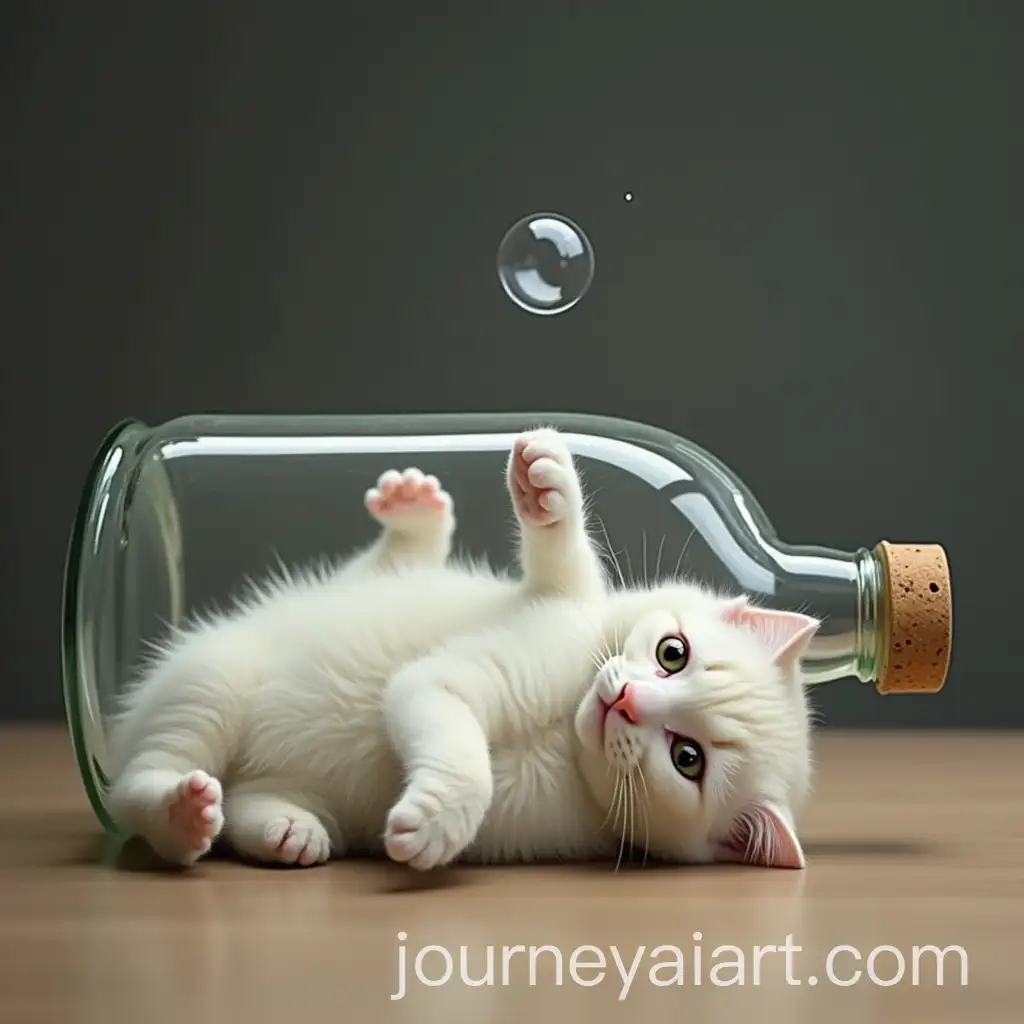 Curious-White-Cat-Playing-with-Soap-Bubble-Inside-Glass-Bottle