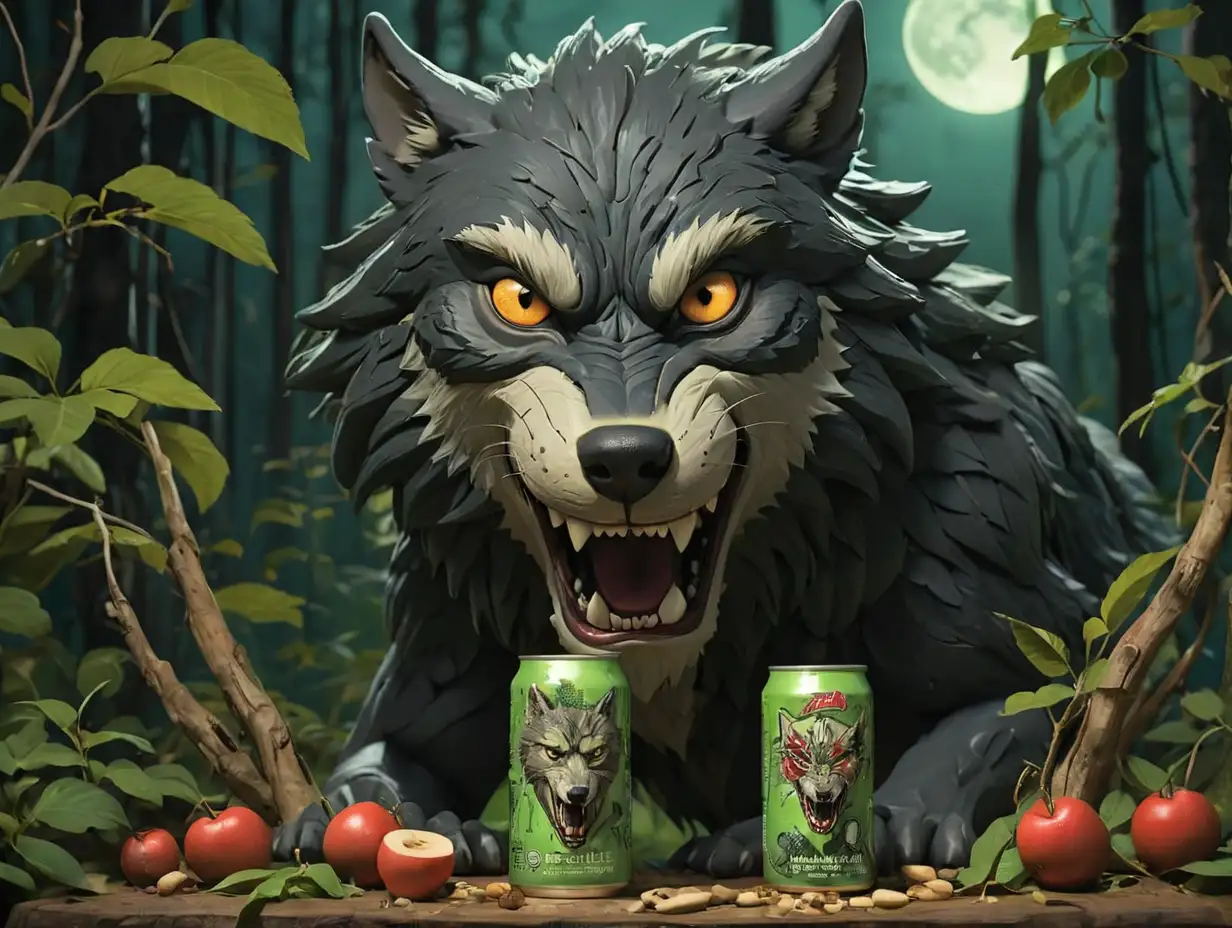 Draw a black-green Energy-Drink-can 'CRAZY WOLF' of the flavor 'Ginseng + Guarana', on which the stylized image of a wolf head is visible. The can is surrounded by Ginseng roots and Guaraná fruits and seeds. The environment is a night forest. In the background, one sees a wolf howling at the green glowing moon.