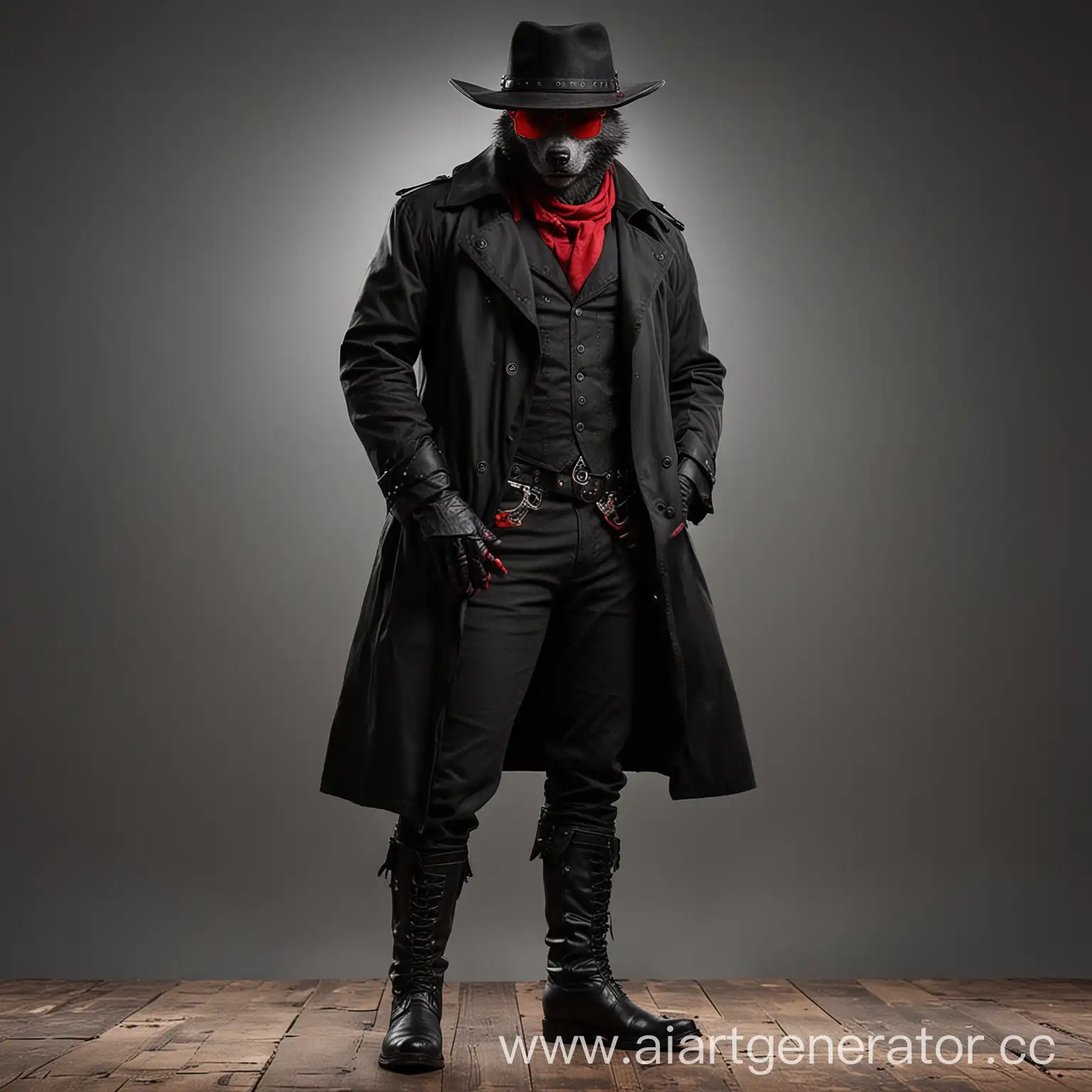 a Wolf head man wolf in black-red coloring, wearing a black trench coat, black cowboy hat, black cowboy boots, and red sunglasses