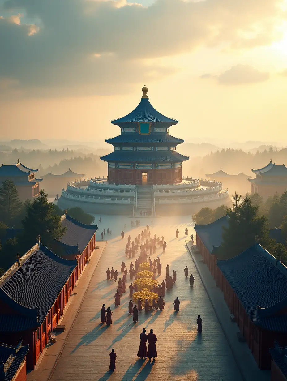 A majestic and historically accurate depiction of the Temple of Heaven (天坛) in Beijing, China, during the Ming Dynasty. The Hall of Prayer for Good Harvests (祈年殿) stands tall with its iconic blue-tiled roof and golden finial, surrounded by a vast courtyard and ancient pine trees. The scene captures an early morning in the 15th century, with soft golden sunlight filtering through the mist, casting long shadows over the stone-paved pathways. In the distance, Ming Dynasty emperors and high-ranking officials, dressed in traditional imperial robes, perform the grand Heaven Worship Ceremony (祭天大典), offering sacrifices on the Circular Mound Altar (圜丘坛). The atmosphere is solemn and sacred, with incense smoke rising into the sky, blending with the clouds. The architecture showcases intricate wooden carvings and traditional Chinese motifs, reflecting a harmonious balance between Heaven and Earth. The colors are rich and vibrant, emphasizing deep blues, reds, and golden hues, evoking a sense of ancient Chinese imperial grandeur. Ultra-realistic, cinematic lighting, highly detailed, 8K resolution, masterpiece, historical accuracy.