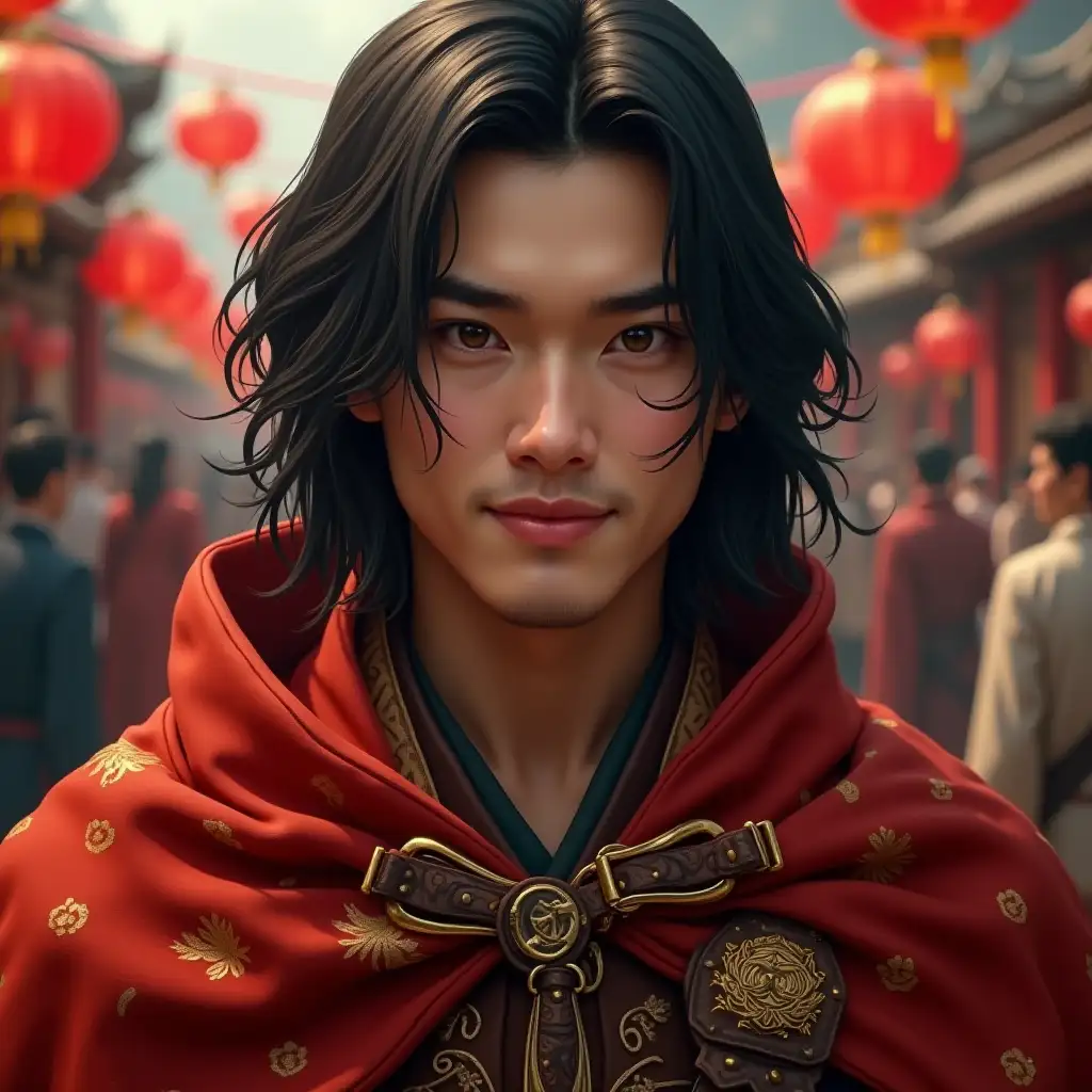 Close-up: a young handsome man in the image of a wanderer with a clean-shaven face and long black hair below the shoulders, a mysterious smile, he is dressed in a red cape with gold patterns, detailed leather straps and buckles, typical of ancient Asia, a fantastic character. a mysterious smile. A dynamic pose. He is depicted in the disco-Elysium style, in the style of Alexander Rostov. Photorealistic, background of a medieval Asian settlement, red light festival, neo-expressionism, digital art, detailed,