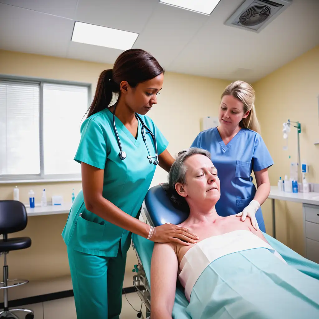 a picture of patient at a health clinic getting a treatment by a nurse