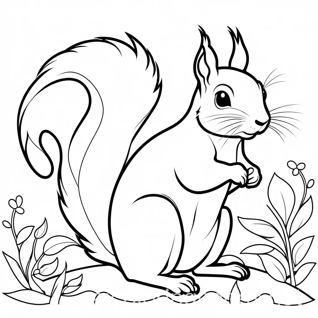 squirrel, Coloring Page, black and white, line art, white background, Simplicity, Ample White Space. The background of the coloring page is plain white to make it easy for young children to color within the lines. The outlines of all the subjects are easy to distinguish, making it simple for kids to color without too much difficulty