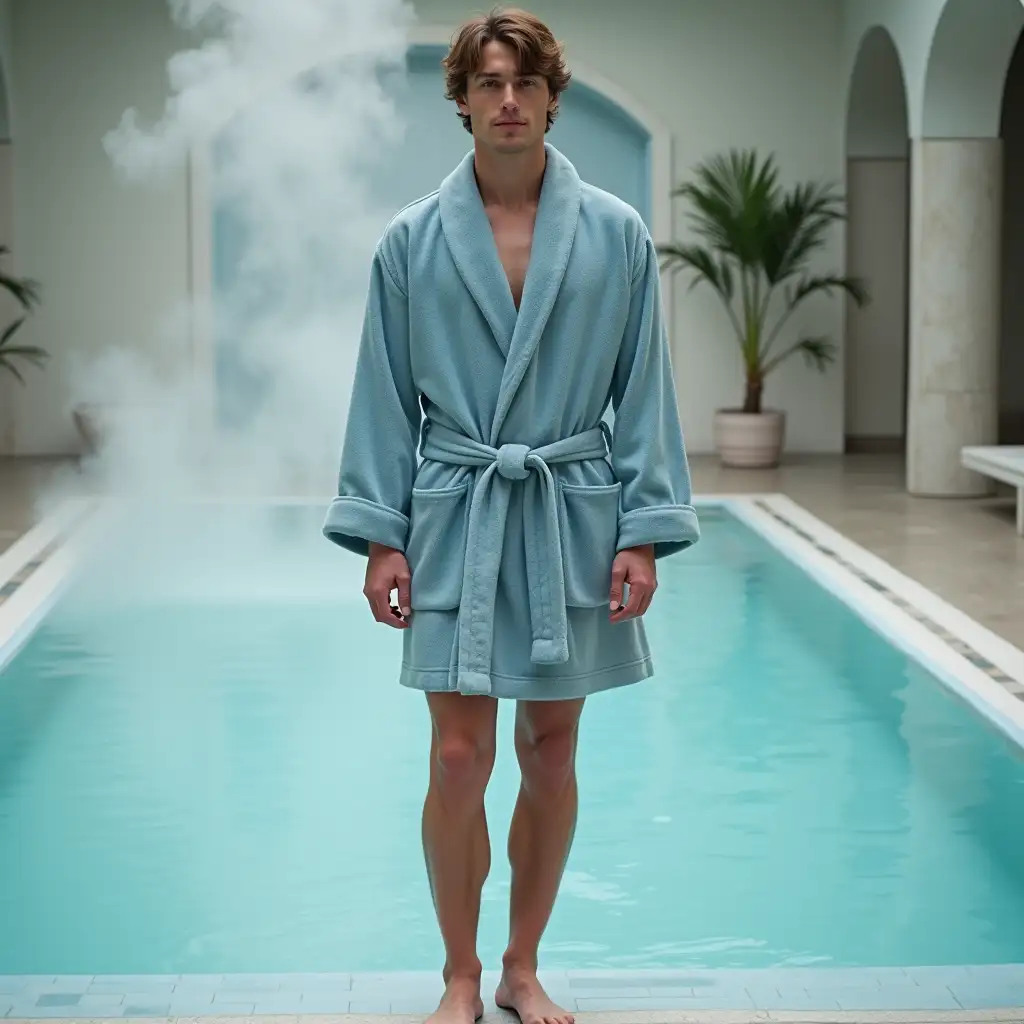 Barefoot-Man-in-Blue-Feminine-Bathrobe-Standing-in-Luxurious-Room-with-Steaming-Pool