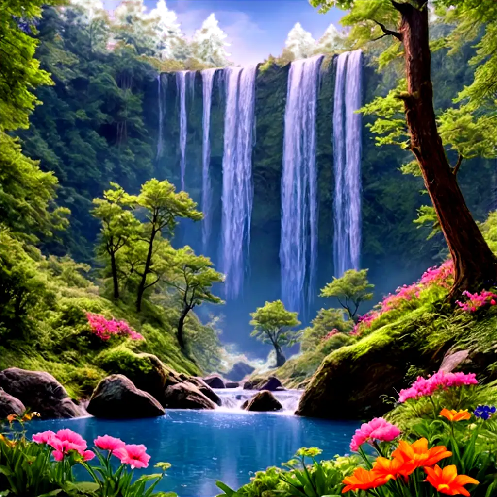 Stunning-Forest-with-Waterfall-Flowers-Rivers-Blueish-Sky-and-Cats-PNG-Image