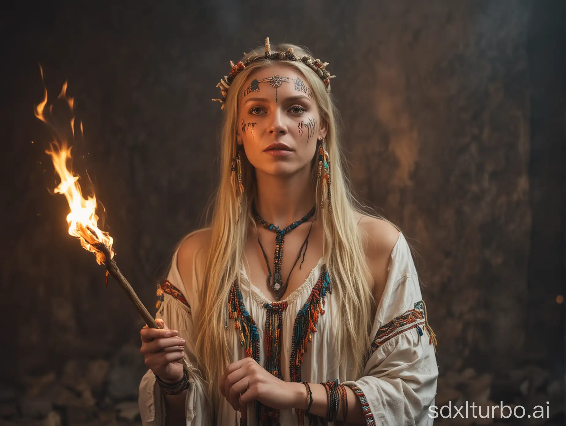 Blonde-Shaman-Holding-Burning-Stick-Near-Heart