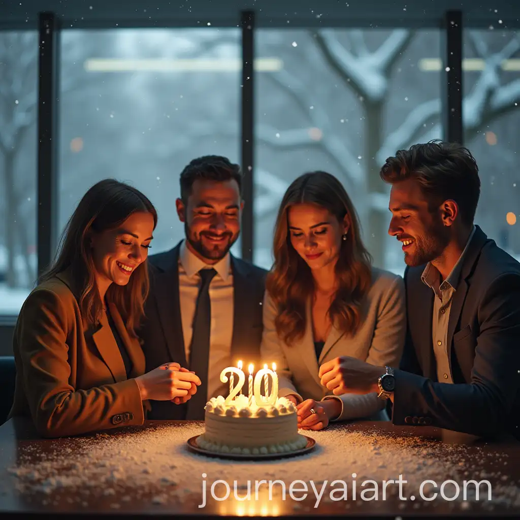 Office-Celebration-with-Friends-Four-People-Enjoying-a-Cake-in-a-Snowy-Setting