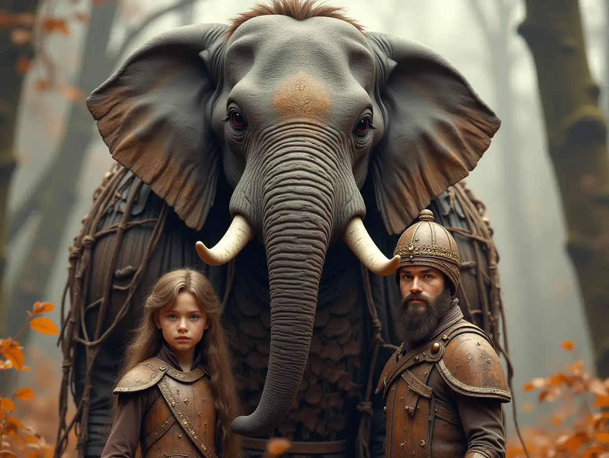 Ki-Fantasy family,Man,Woman, and Children, giant elephant face with beard and with wooden armor equipment