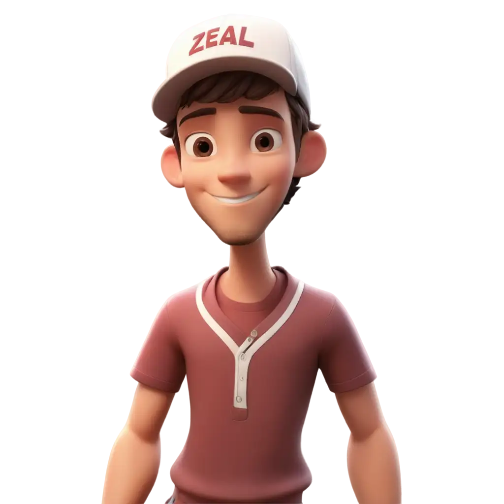 A close up picture of an computer generated character of a cute guy who's wearing a baseball cap that has the word 'Zeal'