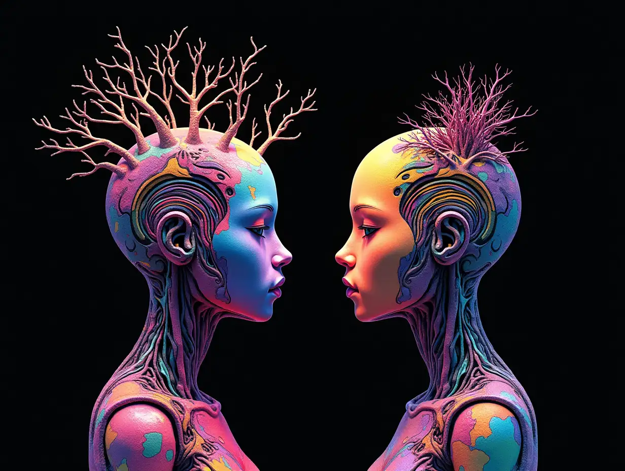 colorful coloring Complex-Horizon-Fractals mixed color humanoid robots with Complex-Horizon-Fractals body and Fracta bald head with root on the head, against a black background colorful