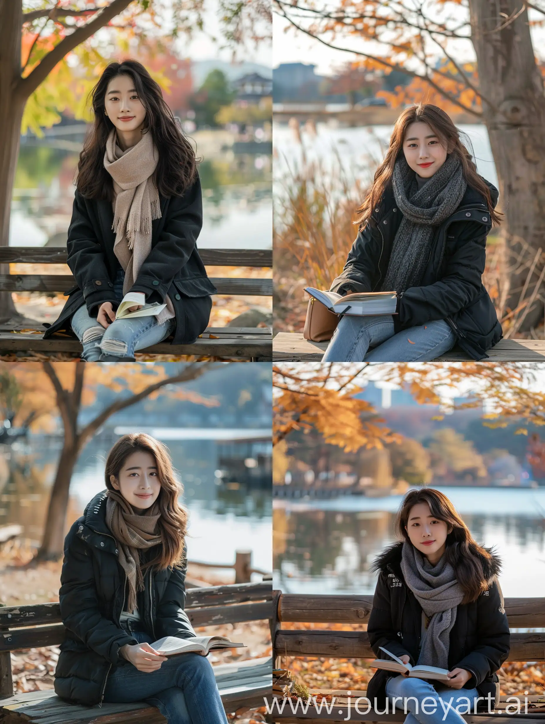 Young-Korean-Woman-Enjoying-Autumn-Morning-by-the-Lake