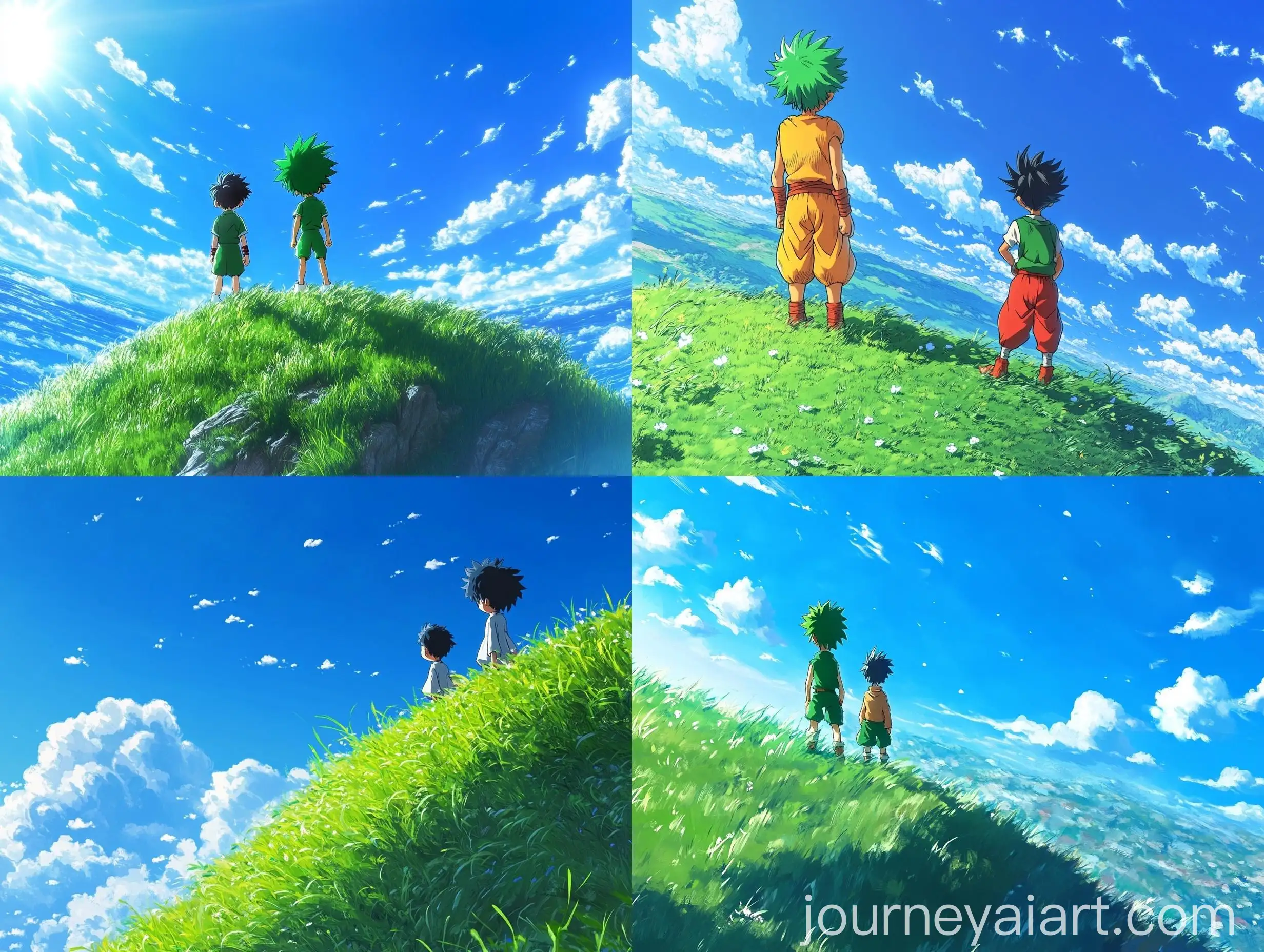 Gon-and-Killua-in-Studio-Ghibli-Style-on-Grassy-Hill-under-Blue-Sky