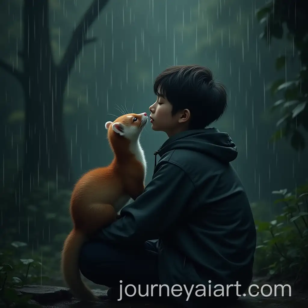Pensive-Young-Man-in-Rain-with-Baby-Ferret-in-Jungle