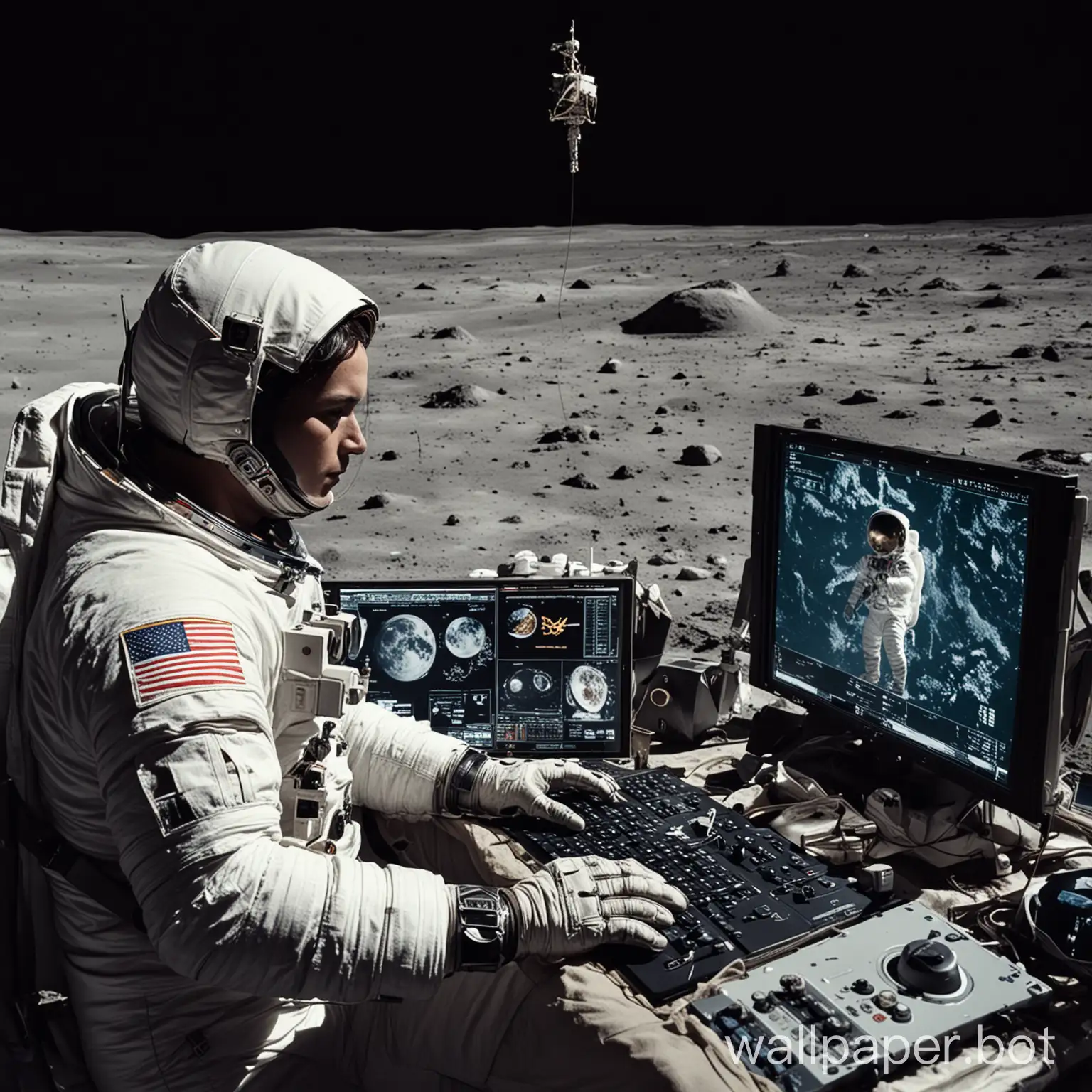 un astronauta haciendo trading en la luna con dos monitores 